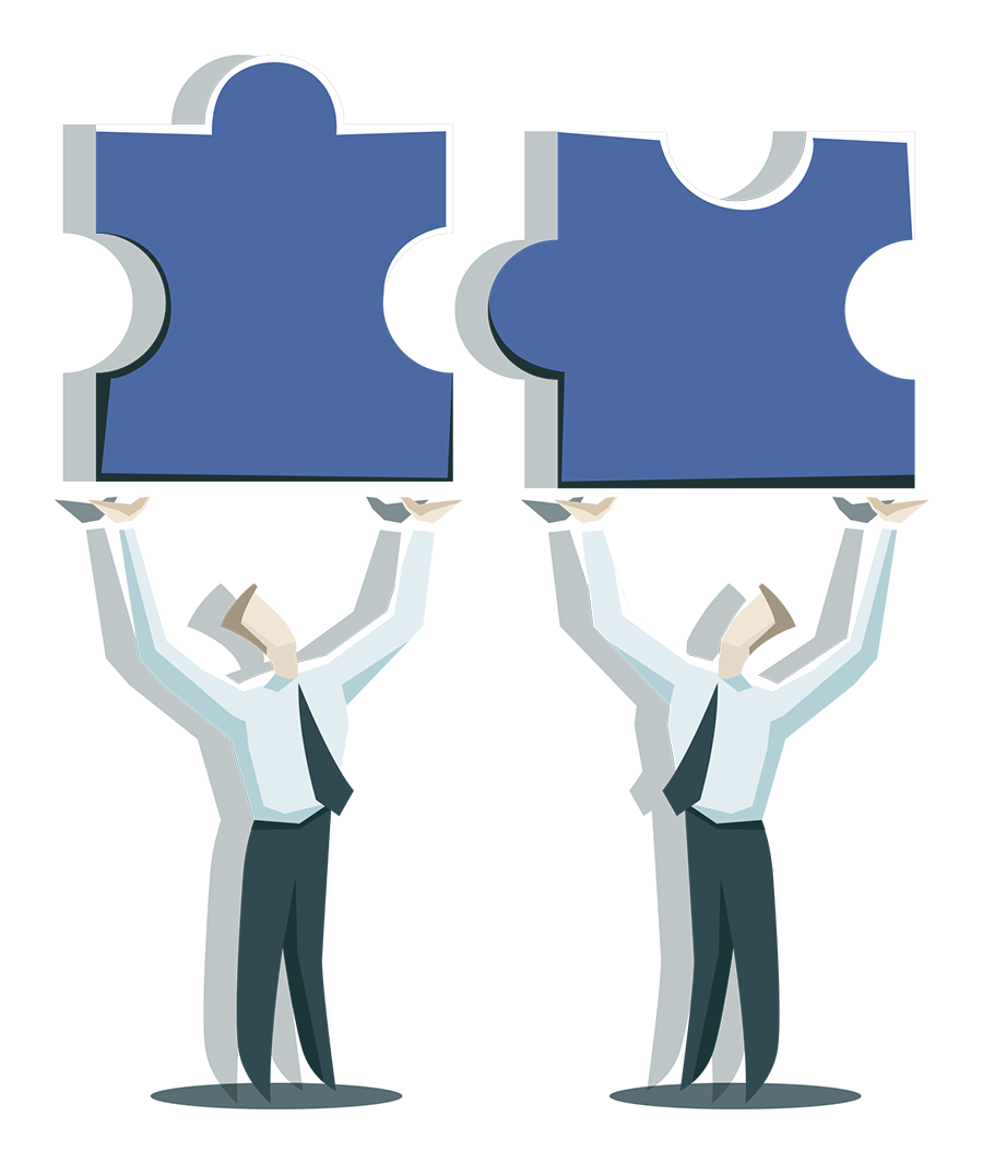 illustration of two businessmen holding up large puzzle pieces that fit together
