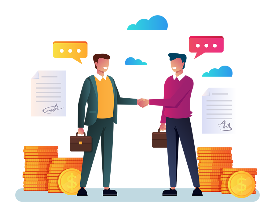 illustration of two financial businessmen shaking hands and speaking with eachother